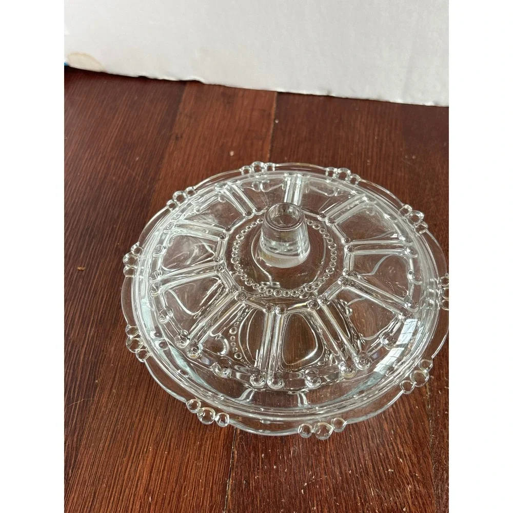 Vintage Clear Pressed Glass Candy Dish with Lid Beaded Ribbed Round‎ Bowl 6 Inch